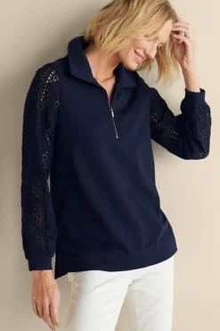 Soft Surroundings Crochet Sleeve French Terry Tunic- Tops