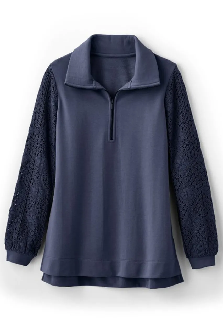 Soft Surroundings Crochet Sleeve French Terry Tunic- Tops