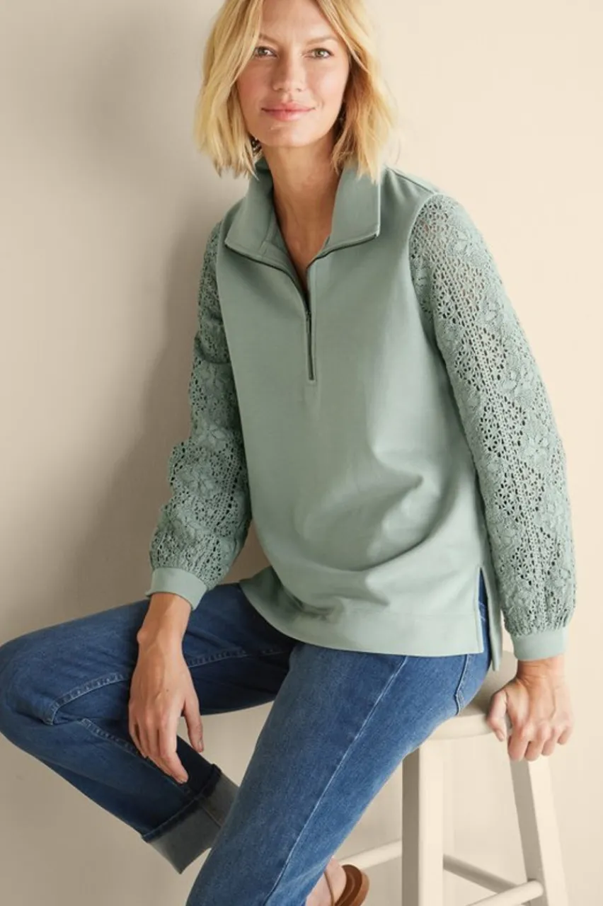 Soft Surroundings Crochet Sleeve French Terry Tunic- Tops