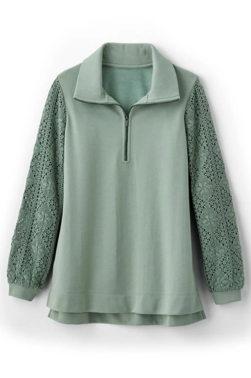 Soft Surroundings Crochet Sleeve French Terry Tunic- Tops