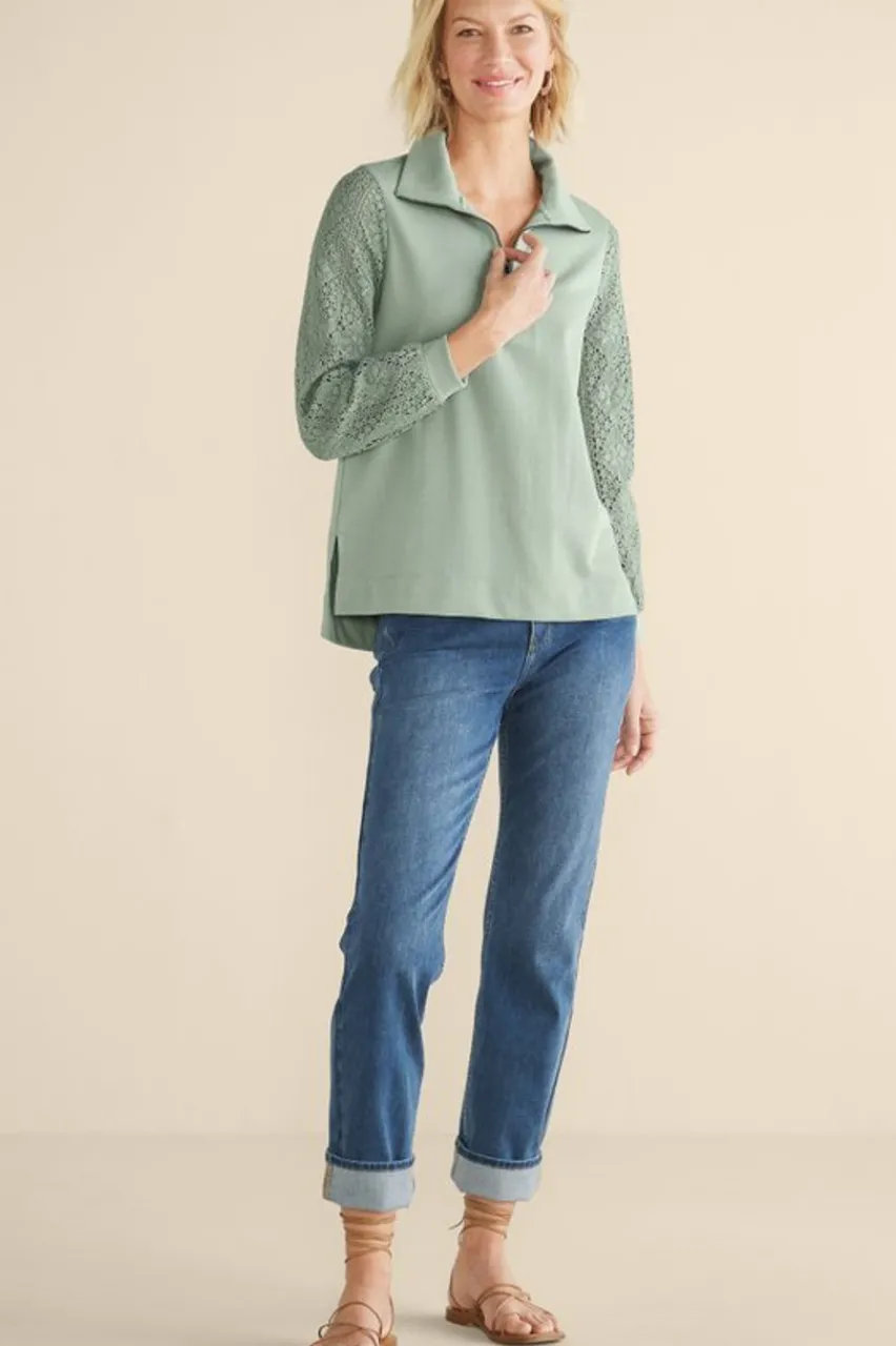 Soft Surroundings Crochet Sleeve French Terry Tunic- Tops