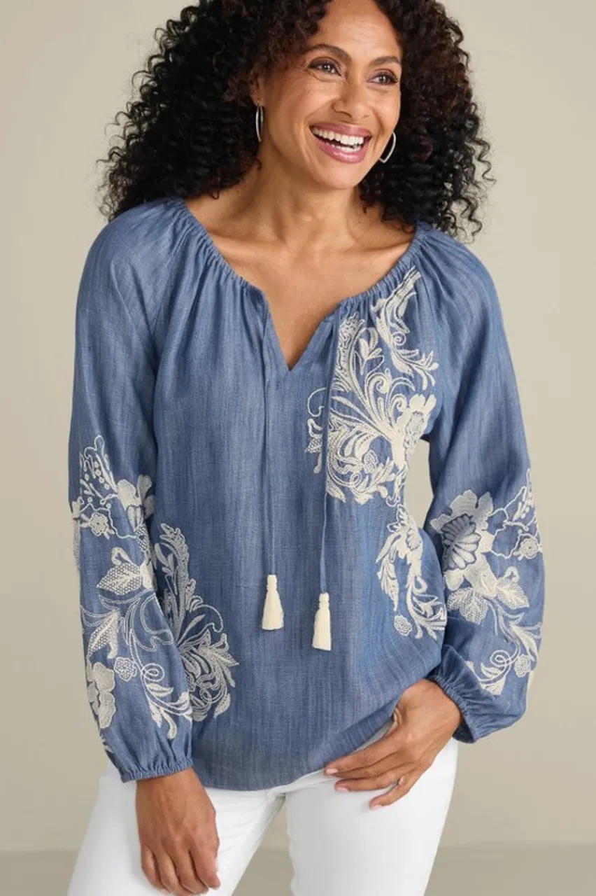 Soft Surroundings Diya Embroidered Tencel™ Peasant Top- Tops