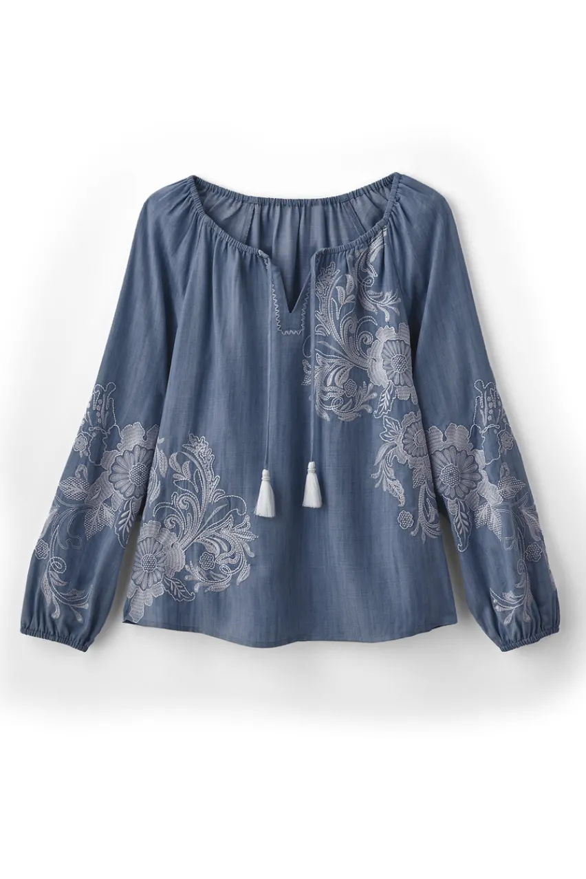 Soft Surroundings Diya Embroidered Tencel™ Peasant Top- Tops