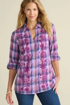 Soft Surroundings Gracie Embroidered Plaid Big Shirt- Tops