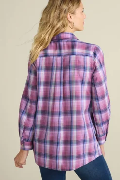 Soft Surroundings Gracie Embroidered Plaid Big Shirt- Tops
