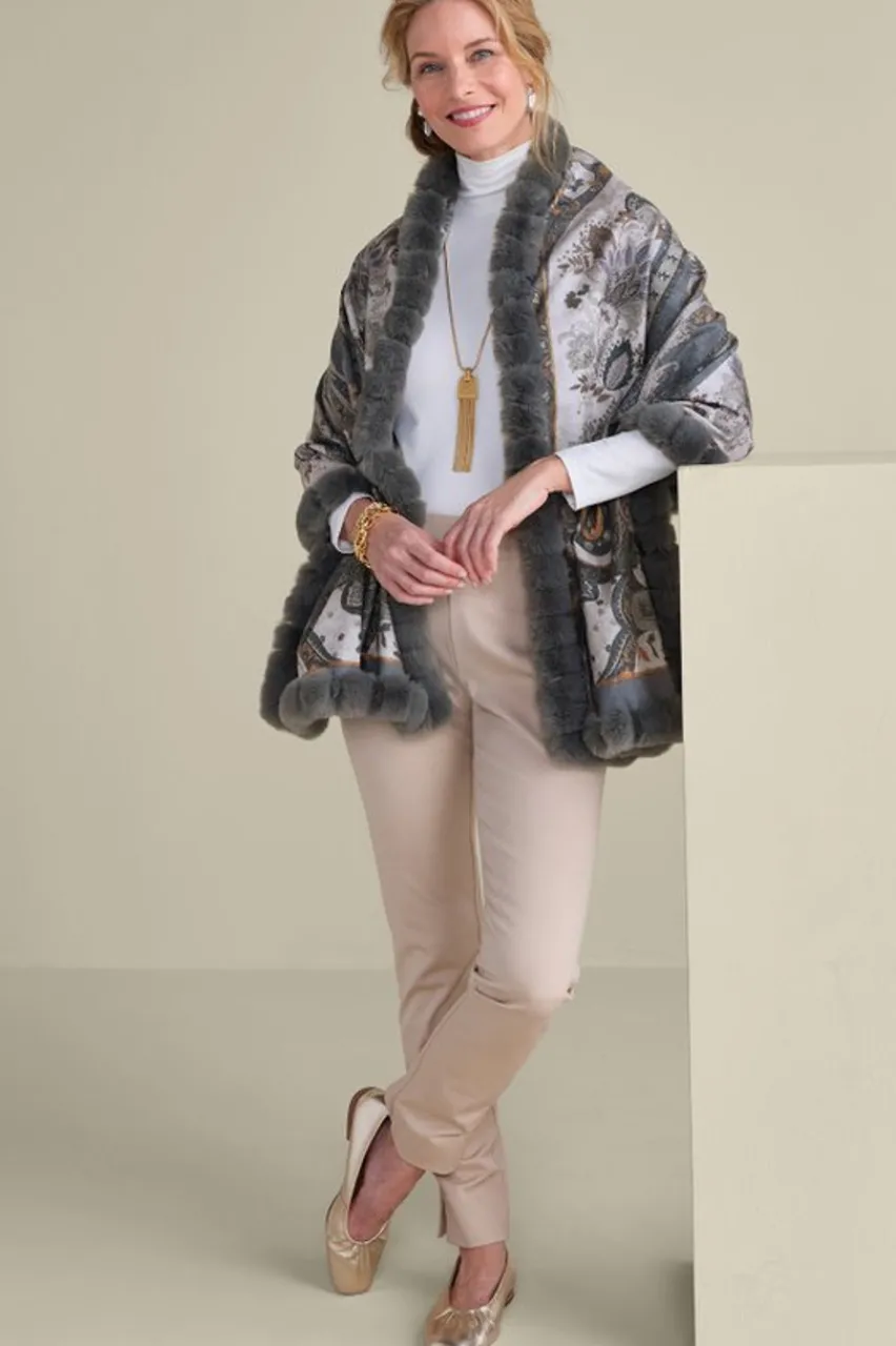Soft Surroundings Katya Faux Fur Trim Wrap Scarf- Scarves & Wraps