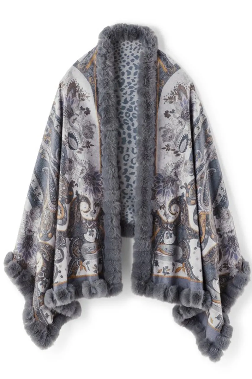 Soft Surroundings Katya Faux Fur Trim Wrap Scarf- Scarves & Wraps