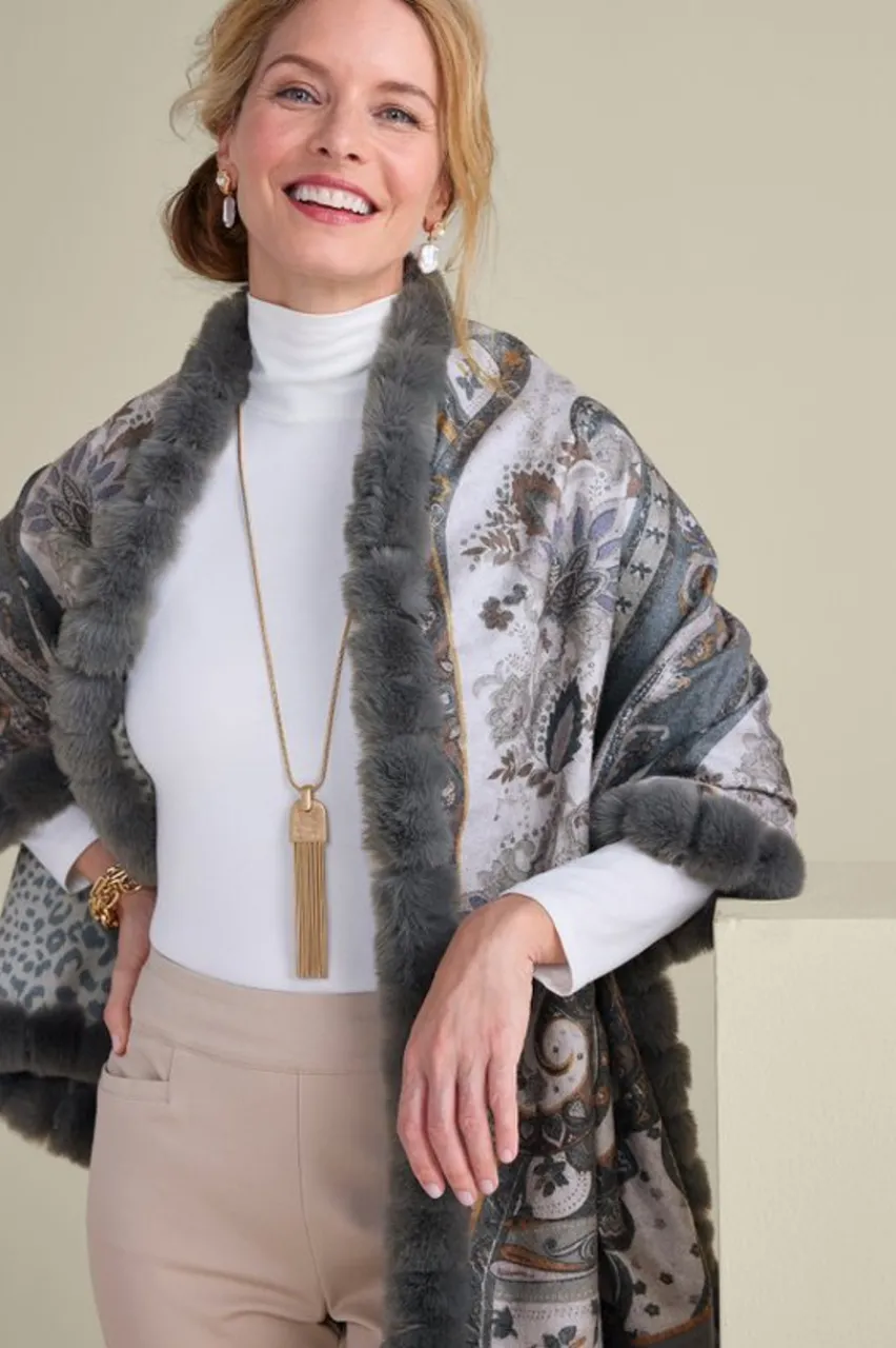 Soft Surroundings Katya Faux Fur Trim Wrap Scarf- Scarves & Wraps
