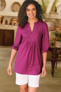 Soft Surroundings Mikaela Embroidered 3/4 Sleeve Tunic- Tops|Tunics & Leggings