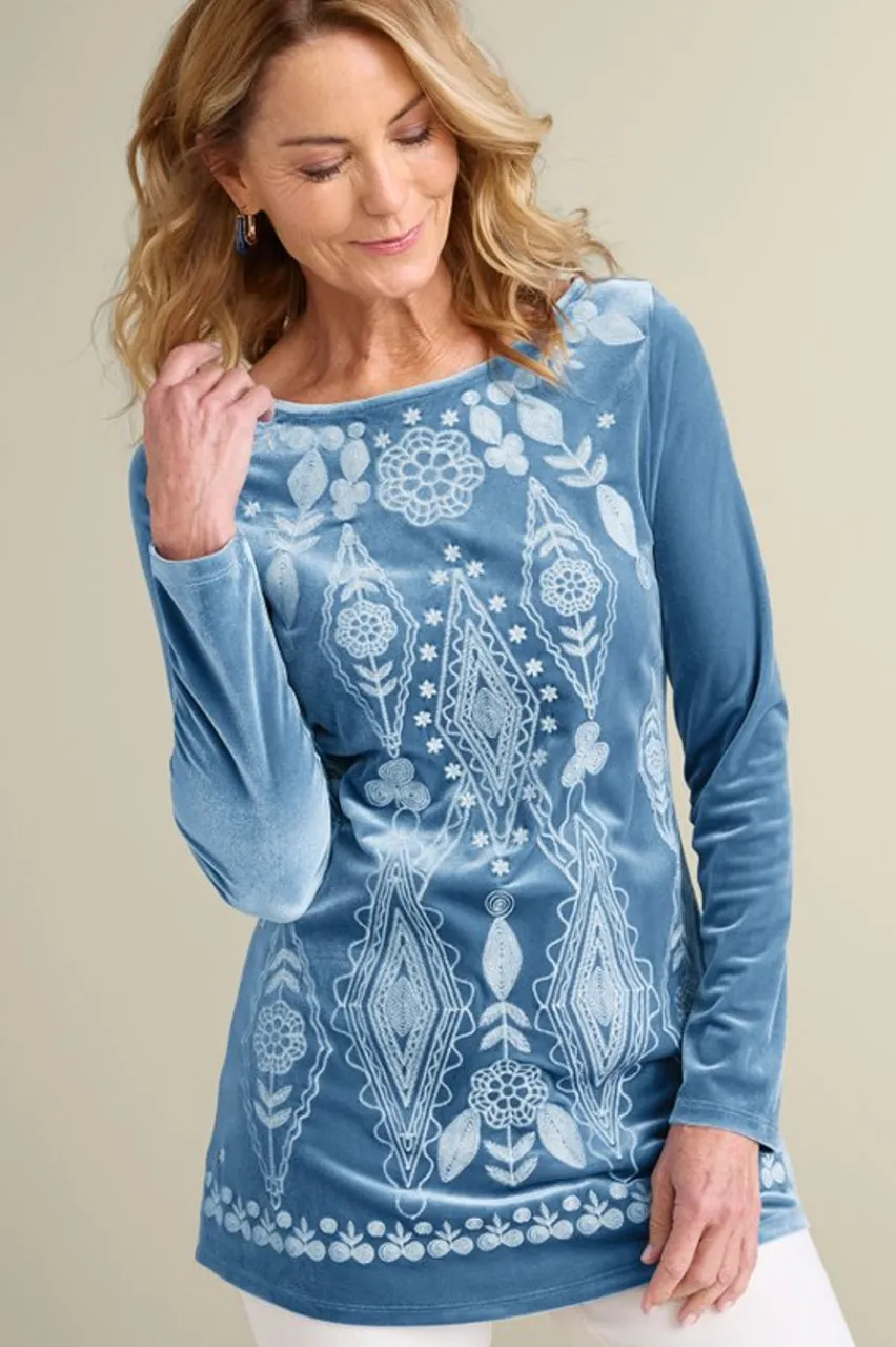 Soft Surroundings Nori Embroidered Velvet Tunic- Tops