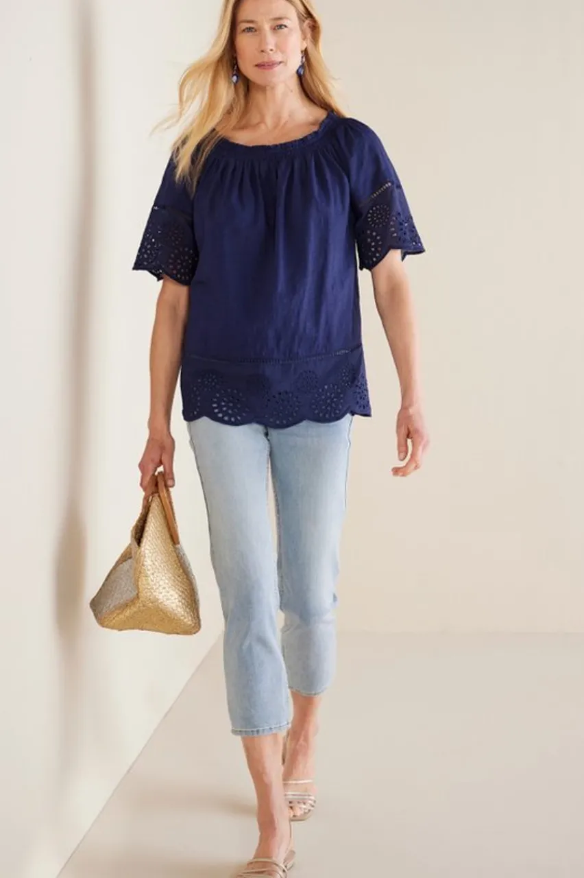 Soft Surroundings Rahma Eyelet Trimmed Tee- Tops