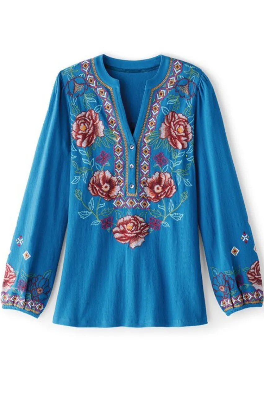 Soft Surroundings Riva Embroidered Knit Gauze Top- Tops