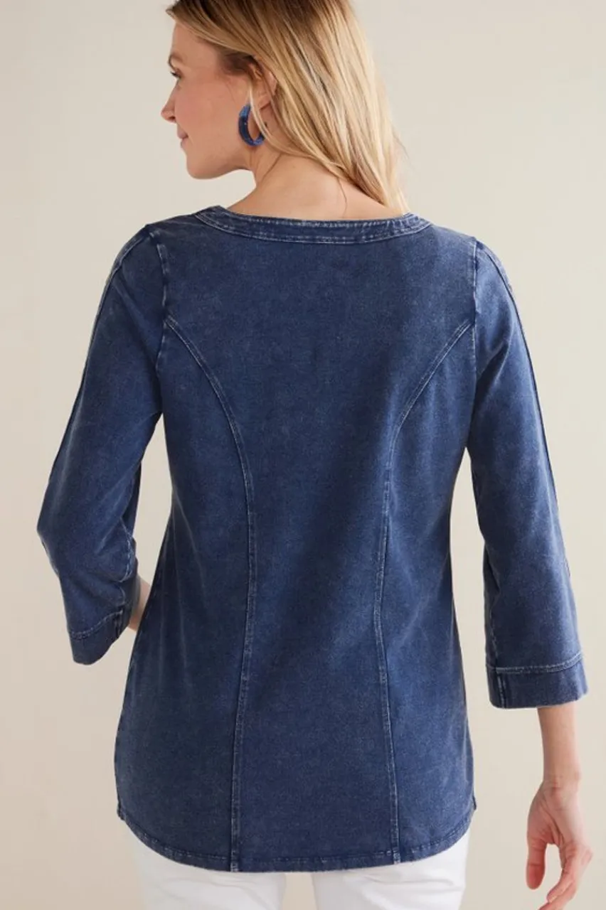 Soft Surroundings Wilma Washed Knit Denim Tunic- Tops|Tunics & Leggings